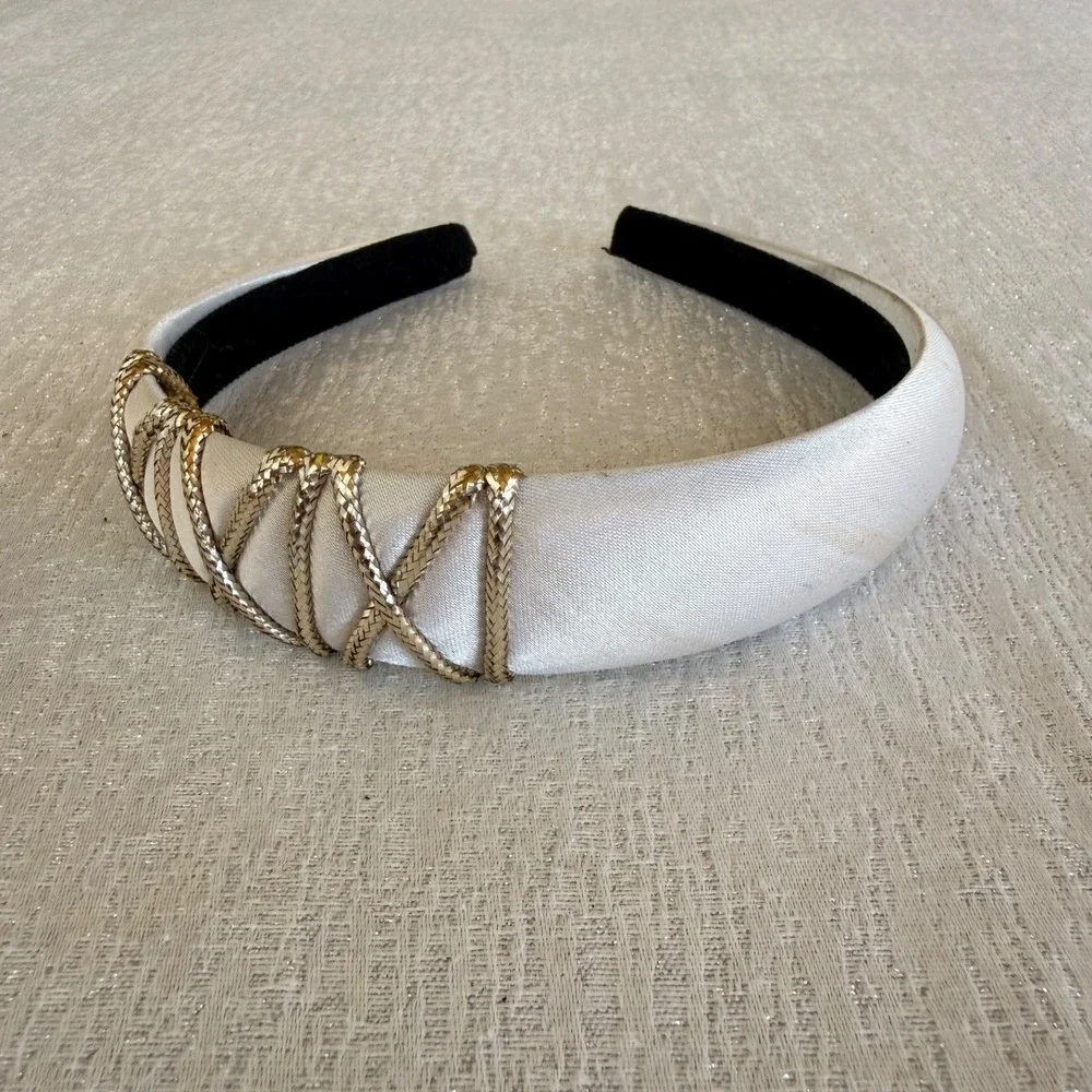 Vintage White Satin Padded Headband Gold Metallic Criss Cross Wide‎ Retro